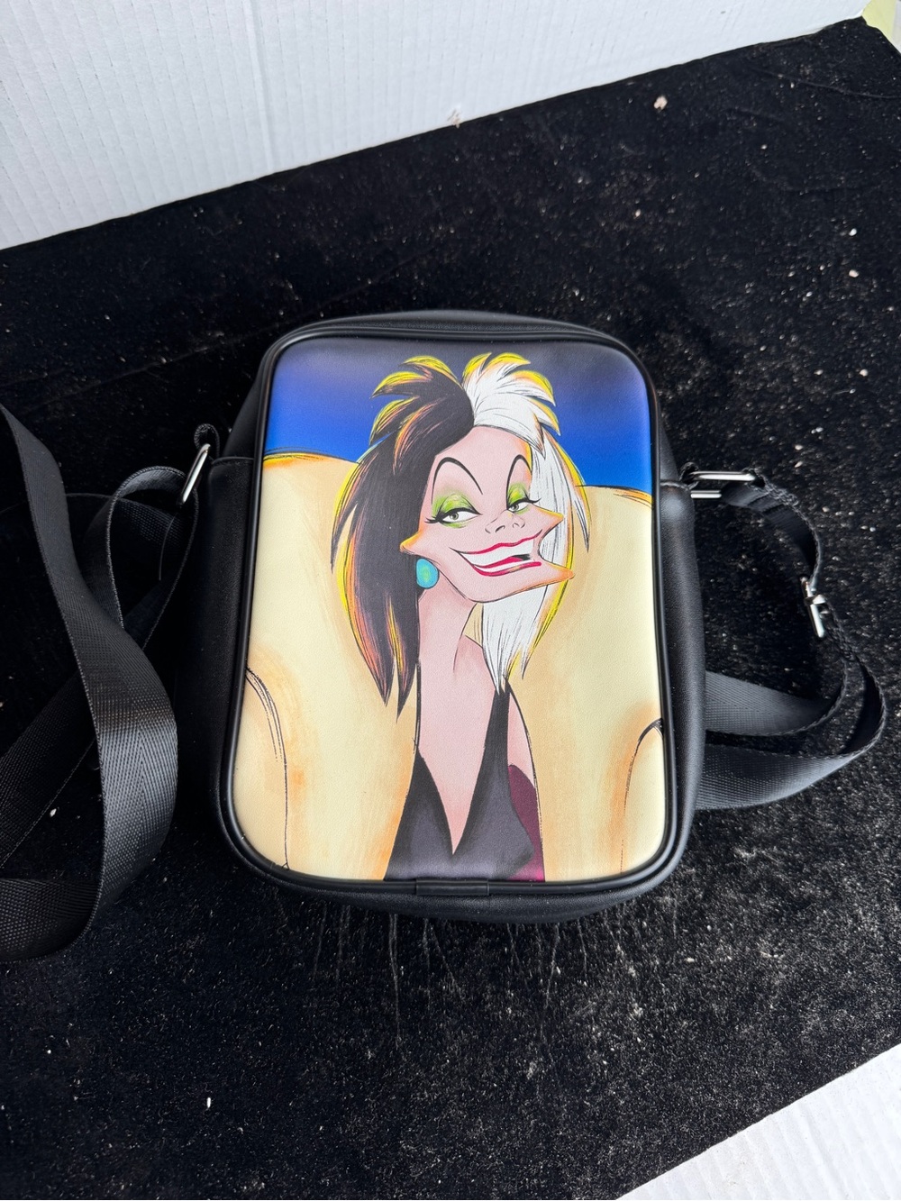 Black Graphic Crossbody Bag with Colorful Character Print